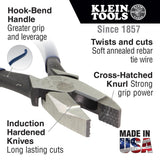 Klein Tools D213-9ST High-Leverage Ironworker's Pliers, Made in USA, Twist and Cut Soft Annealed Tie Wire, Hook Bend Handle, Spring Loaded, Heavy-Duty Jaws