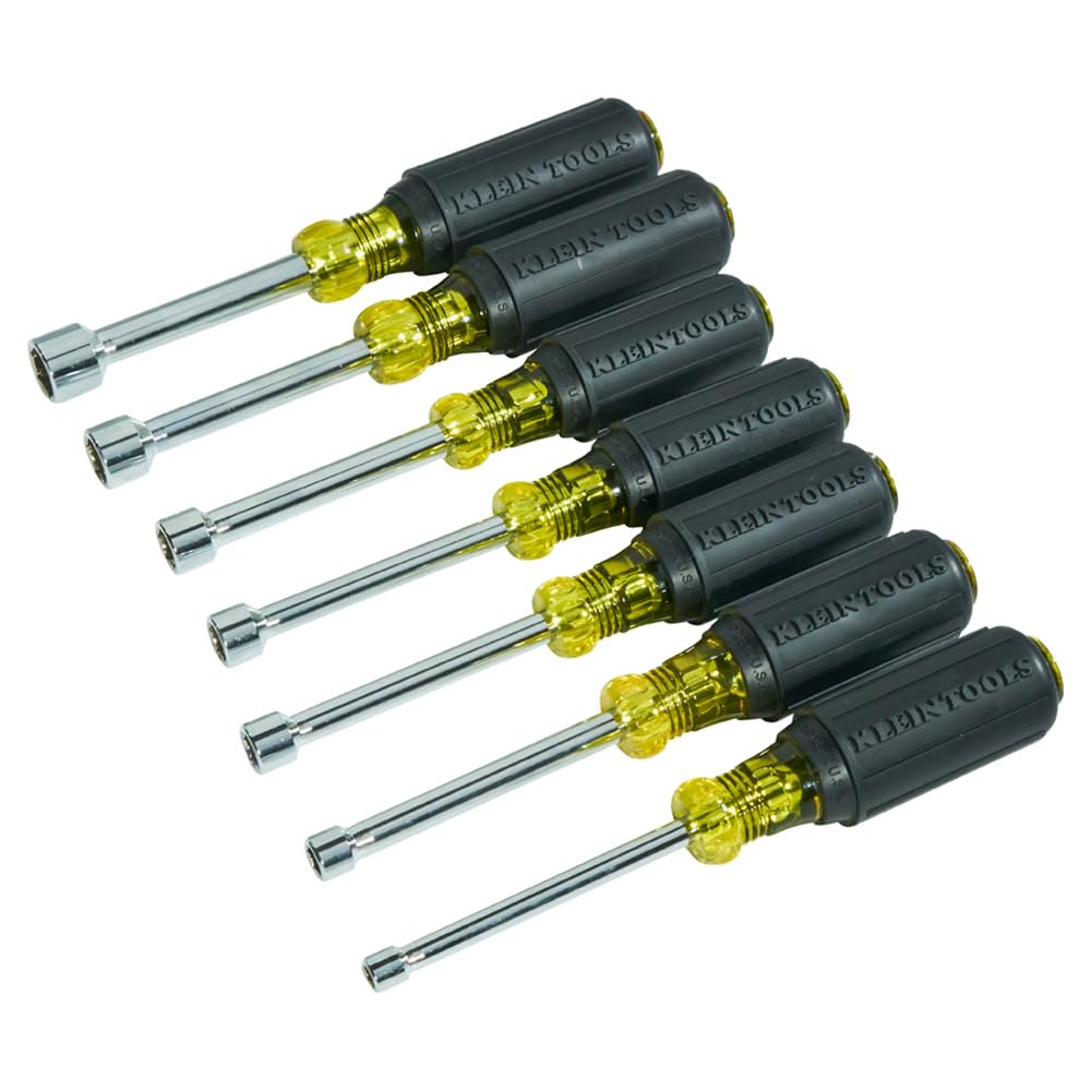 Klein Tools 631 Tool Set, Made in USA, Nut Driver Set w/Hex Nut Sizes 3/16, 1/4, 5/16, 11/32, 3/8, 7/16 and 1/2-Inch on 3-Inch Full Hollow Shaft, 7-Piece