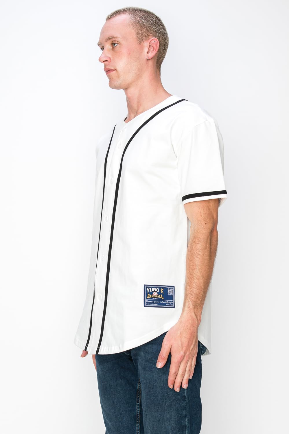 YURO-K Men's Cotton White Color Baseball Jersey with Piping/Made in Los Angeles