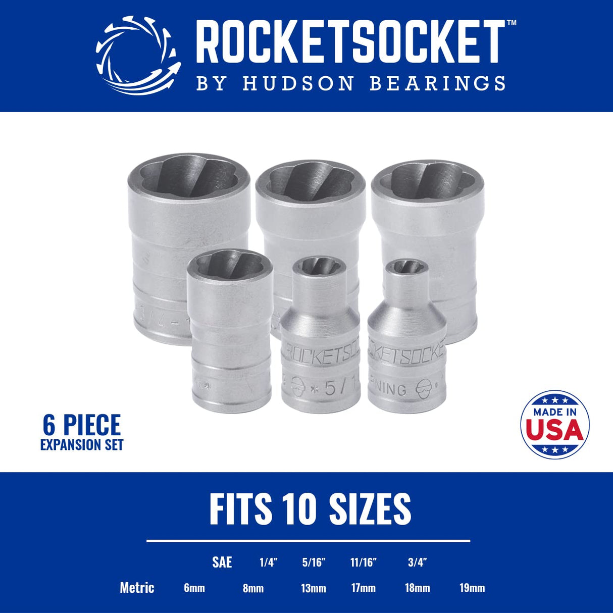| Made in USA | Extraction Sockets | 6 Individual Sockets, impact grade | Remove frozen, rusted, stripped, rounded-off nuts, bolts & screws | American Drawn Steel