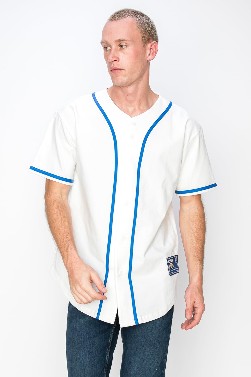 YURO-K Men's Cotton White Color Baseball Jersey with Piping/Made in Los Angeles