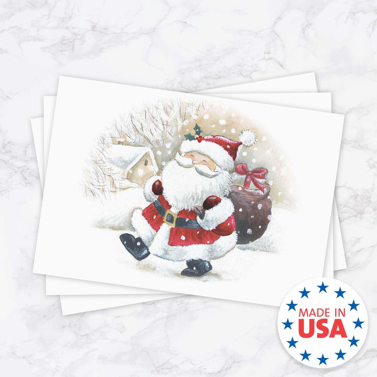 Masterpiece Sparkling Santa Christmas Cards / 16 Festive Holiday Cards Set With White Envelopes / 5 5/8" x 7 7/8" Winter Gold Foil Greeting Cards With Inside Verse/Made In The USA