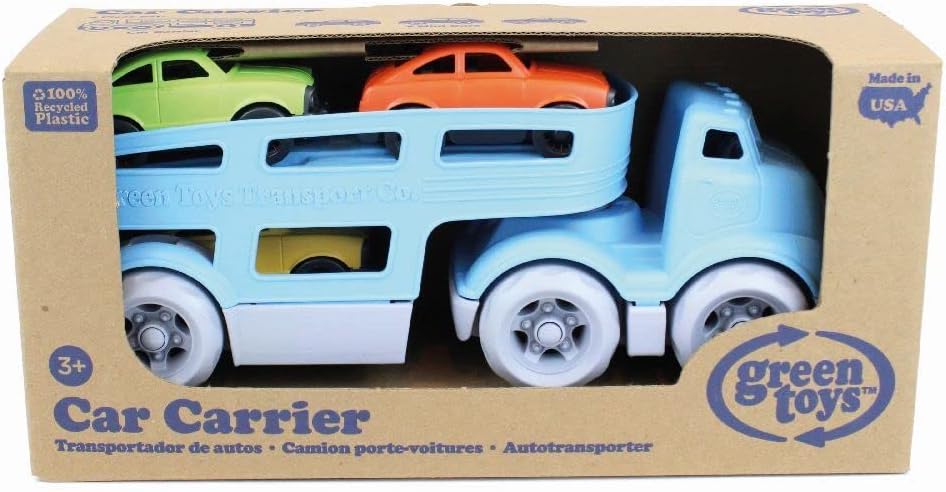 Green Toys Car Carrier, Blue - Pretend Play, Motor Skills, Kids Toy Vehicle. No BPA, phthalates, PVC. Dishwasher Safe, Recycled Plastic, Made in USA (4 Piece Set)