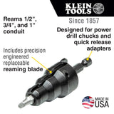 Klein Tools 85091 Power Conduit Reamer with Improved Bit Retention, 1/2-, 3/4- and 1-Inch, Made in USA
