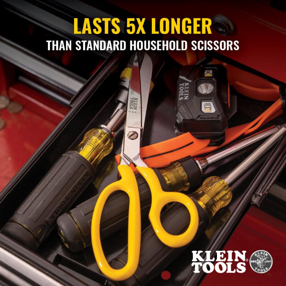 Klein Tools 23011 Scissors, Made in USA, Bent Trimmer for Felt Lining, Cord, Rubber, Fabric, and More, with Extended Handle for Leverage, 11-1/4-Inch