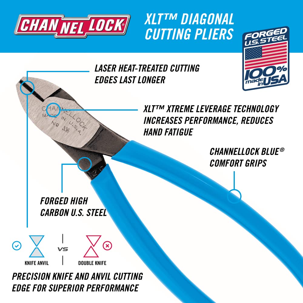 CHANNELLOCK 336 6-inch XLT Diagonal Cutting Pliers, Knife and Anvil Style Cutting Edge for Superior Cutting Edge Life, Forged High Carbon Steel, Made in the USA