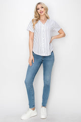 YURO-K Women's White Pinstripe Baseball Jersey/Made in Los Angeles