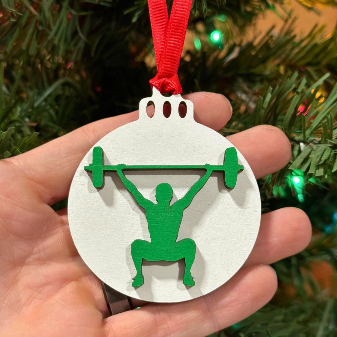 Weightlifting Christmas Tree Ornament 4 Piece Set, Includes 4 Different Wooden Weightlifting Style Ornaments, Weightlifting Gift, Fitness Ornament (All Male Lifter 4 Pack)