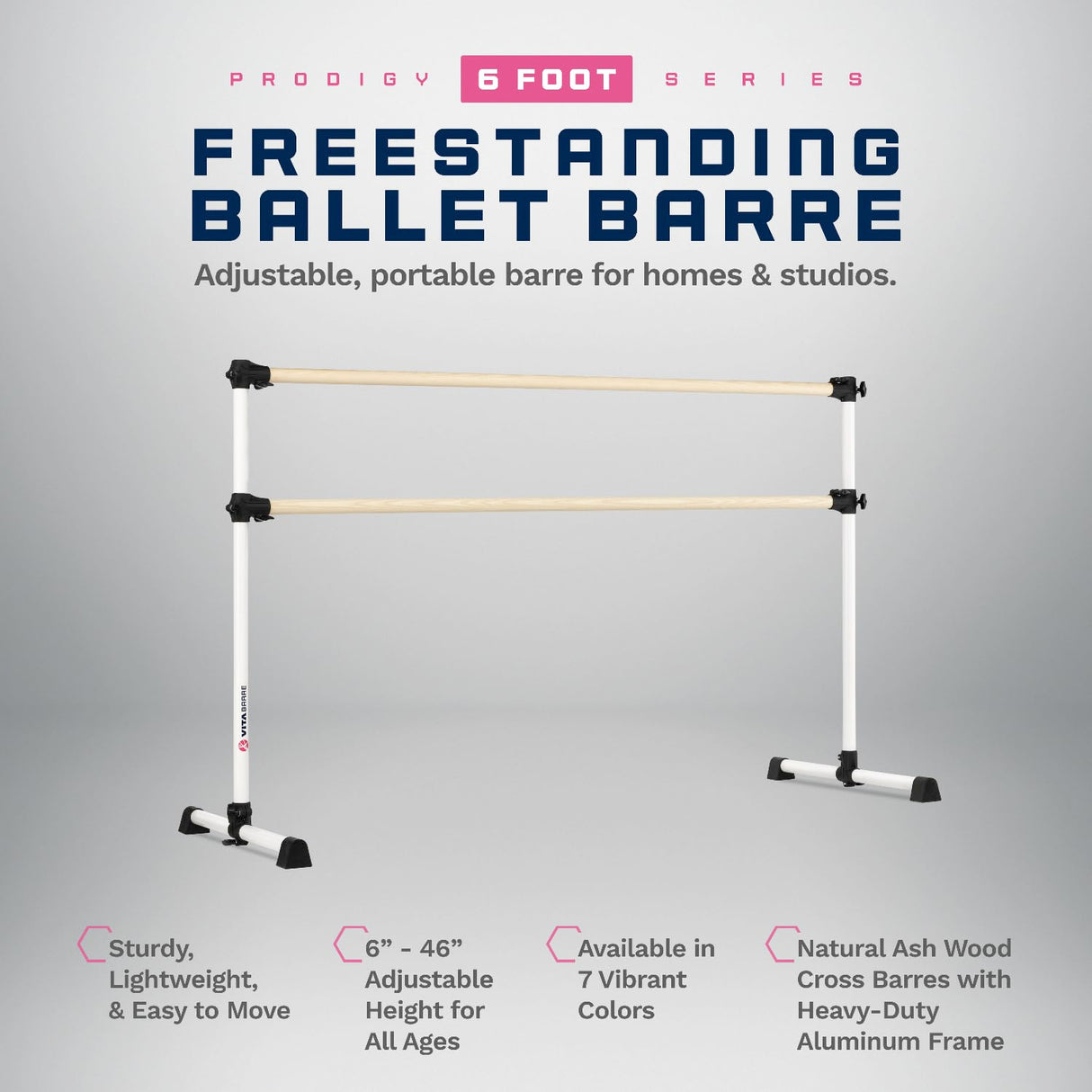 VITA Barre Portable Freestanding Double Ballet Barre, Prodigy, Wood | Adjustable Height, USA Made, Home or Gym Exercise Equipment for Kids & Adults | Dance, Fitness, Pilates