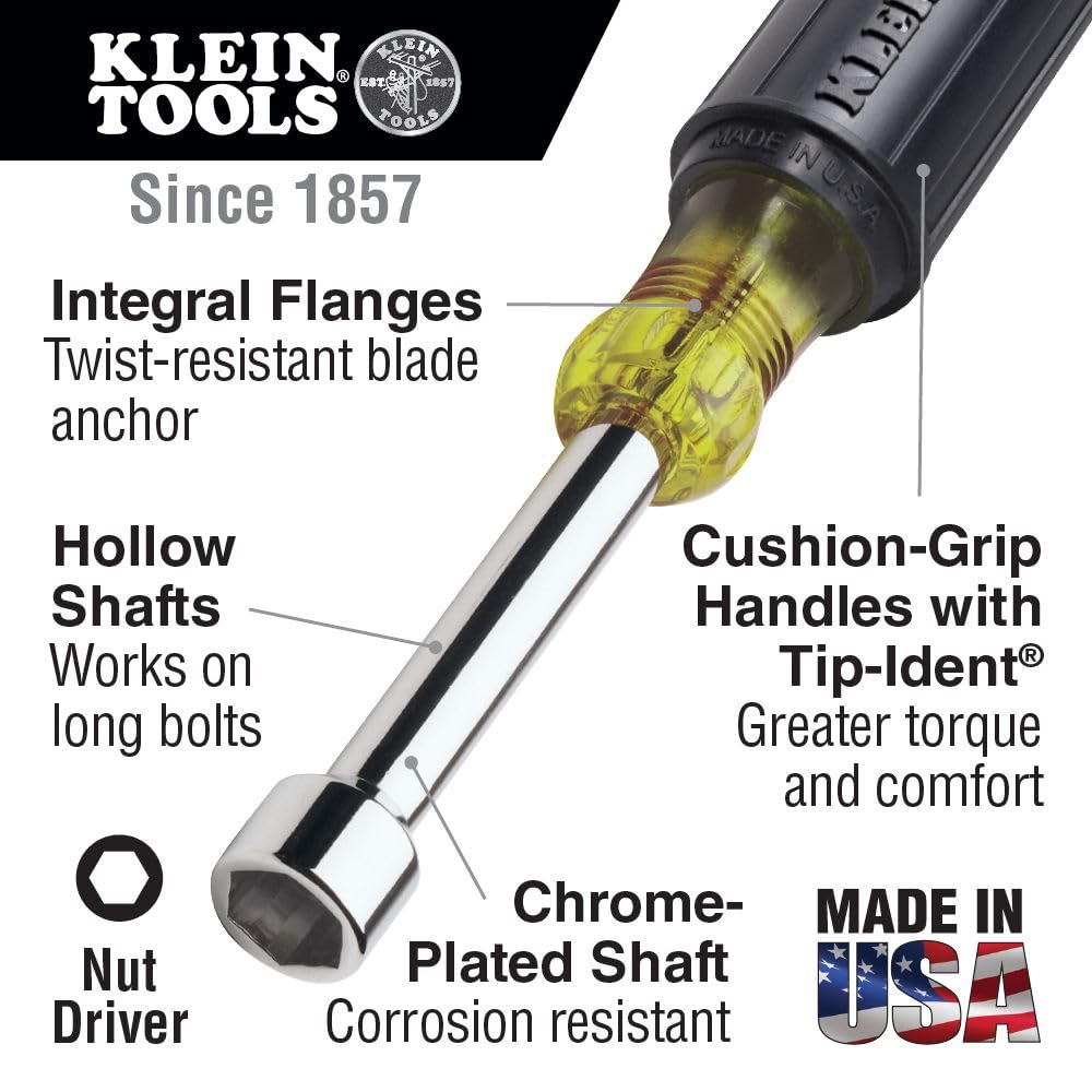 Klein Tools 646-5/16 5/16-Inch Nut Driver with 6-Inch Hollow Shaft and Cushion Grip Handle, Made in USA