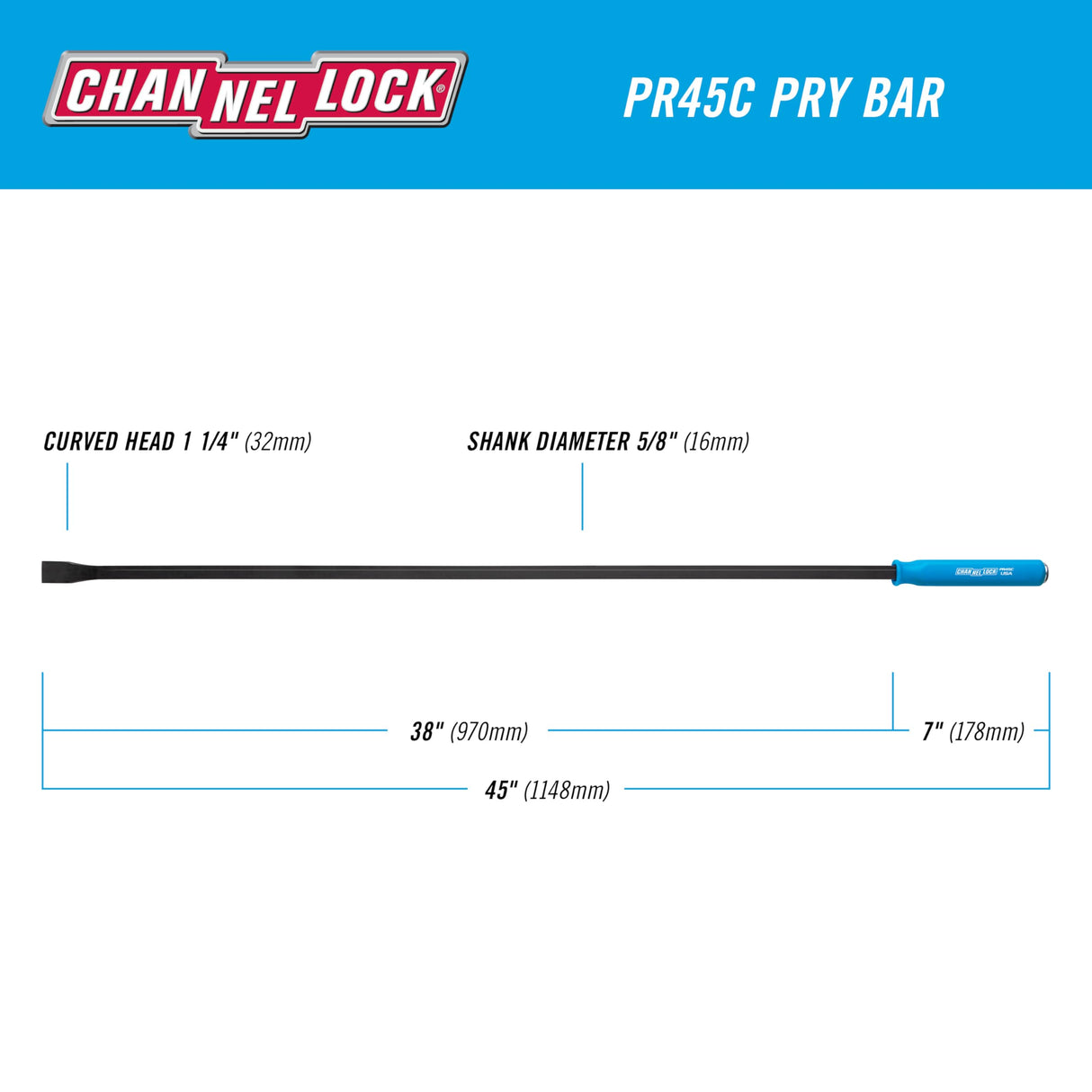 CHANNELLOCK 1-1/4 x 38-inch Professional Pry Bar, 45-inch Overall Length, Made in USA, Molded 4-Sided Textured Grip