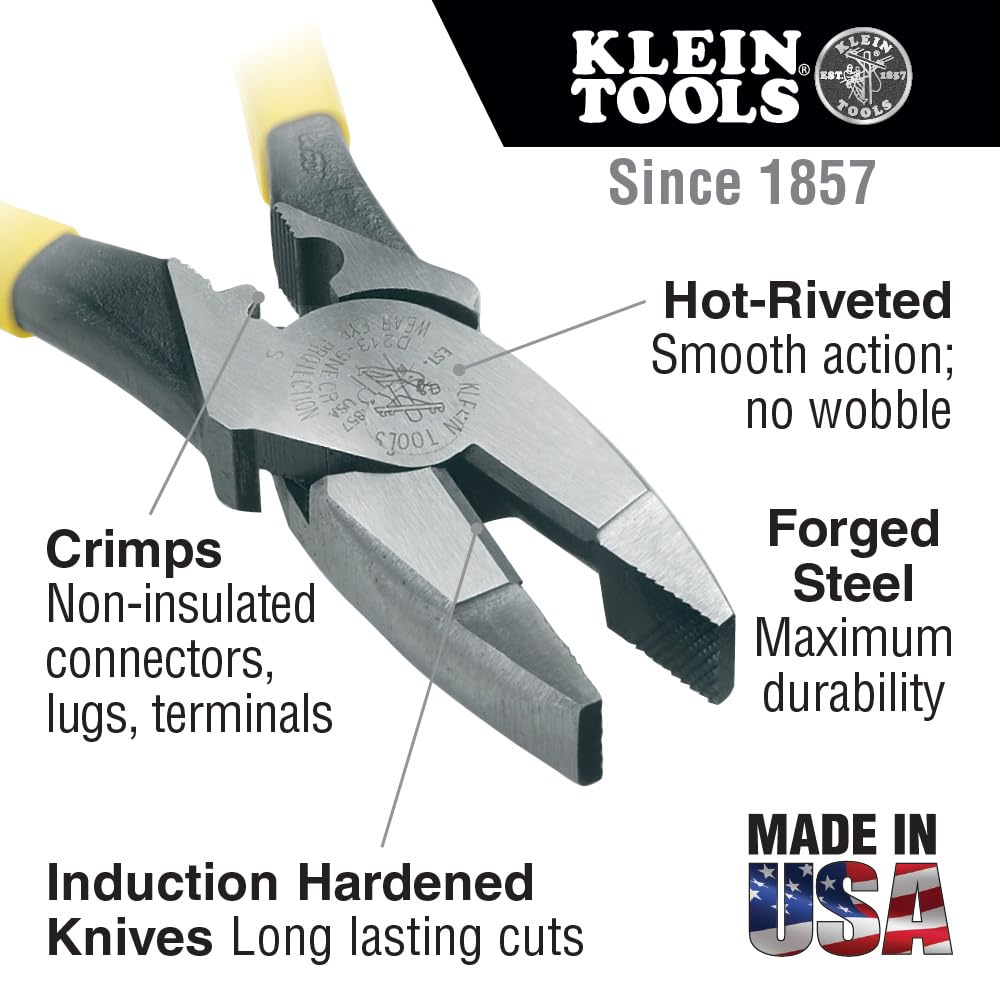 Klein Tools D213-9NE Pliers, Made in USA, 9-Inch Side Cutters, High Leverage Linesman Pliers Cut Copper, Aluminum and other Soft Metals