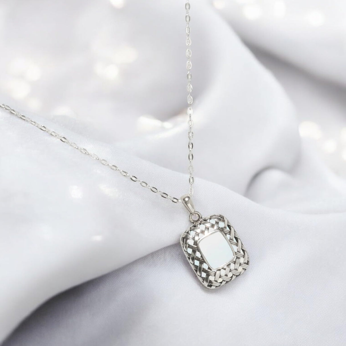 Bottled Up Designs Handmade Vintage Quilted Square Necklace, Sterling Silver, Eco Friendly, Made in USA, Birthday Gifts, Mothers Day, Women, Anniversary (Clear Dairy Bottle)