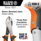 Klein Tools D228-8-INS Pliers, Made in USA, Insulated Diagonal Cutting Pliers with 1000V Rated Dual-Layer Grips and High-Leverage Design, 8-Inch