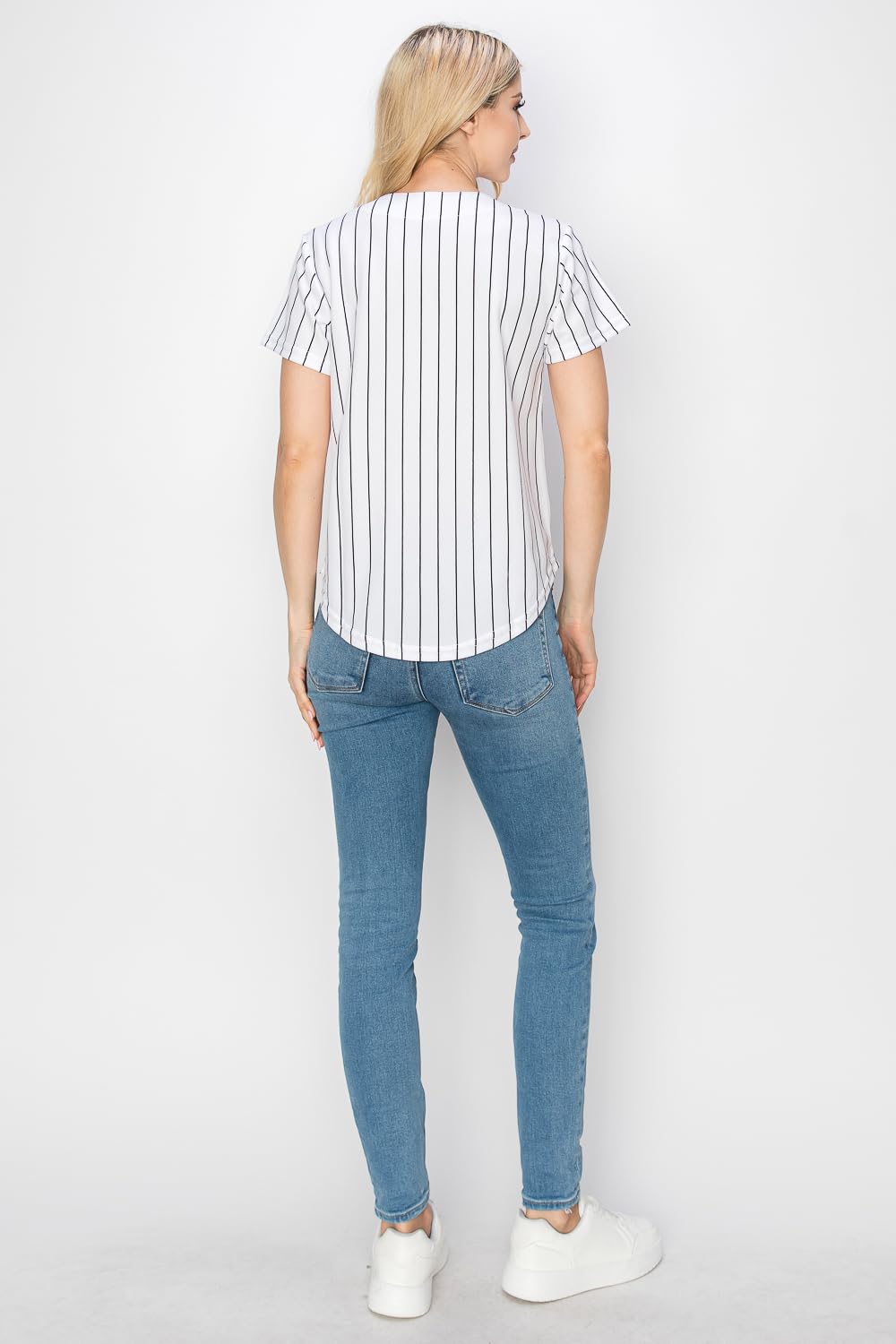 YURO-K Women's White Pinstripe Baseball Jersey/Made in Los Angeles