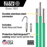 Klein Tools 50159 15-Foot Hi-Flex Glow Fish Rod Set, Made in USA, (3) 5/32-Inch Fiberglass, Adapter, Bullet Nose, Attachments, Splinter Guard Coating