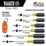 Klein Tools 85146 Screwdriver Set 6pcs Includes Magnetizer / Demagnetizer, 3 Slotted, 3 Phillips, Cushion Grip Comfort, Precision Machined