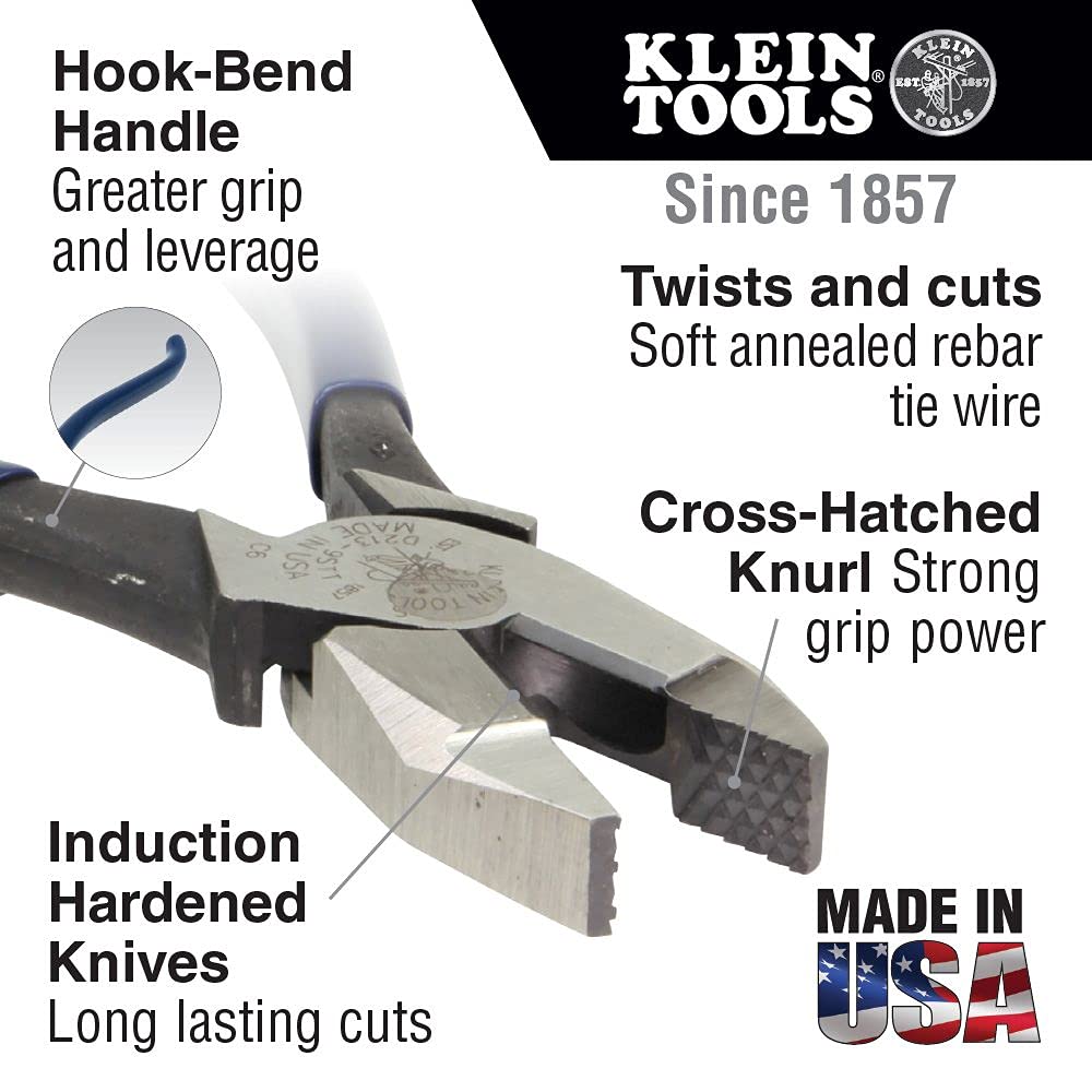 Klein Tools D213-9ST High-Leverage Ironworker's Pliers, Made in USA, Twist and Cut Soft Annealed Tie Wire, Hook Bend Handle, Spring Loaded, Heavy-Duty Jaws