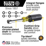 Klein Tools 647 Tool Set, Made in USA, Nut Drivers Sizes 3/16, 1/4, 5/16, 11/32, 3/8, 7/16, 1/2-Inch, Chrome-Plated 6-Inch Shafts, Cushion Grip, 7-Piece