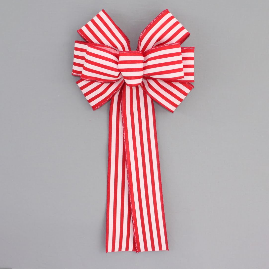 Red Cabana Stripe Christmas Patriotic Wreath Bows - Handmade in USA (10 inches wide)