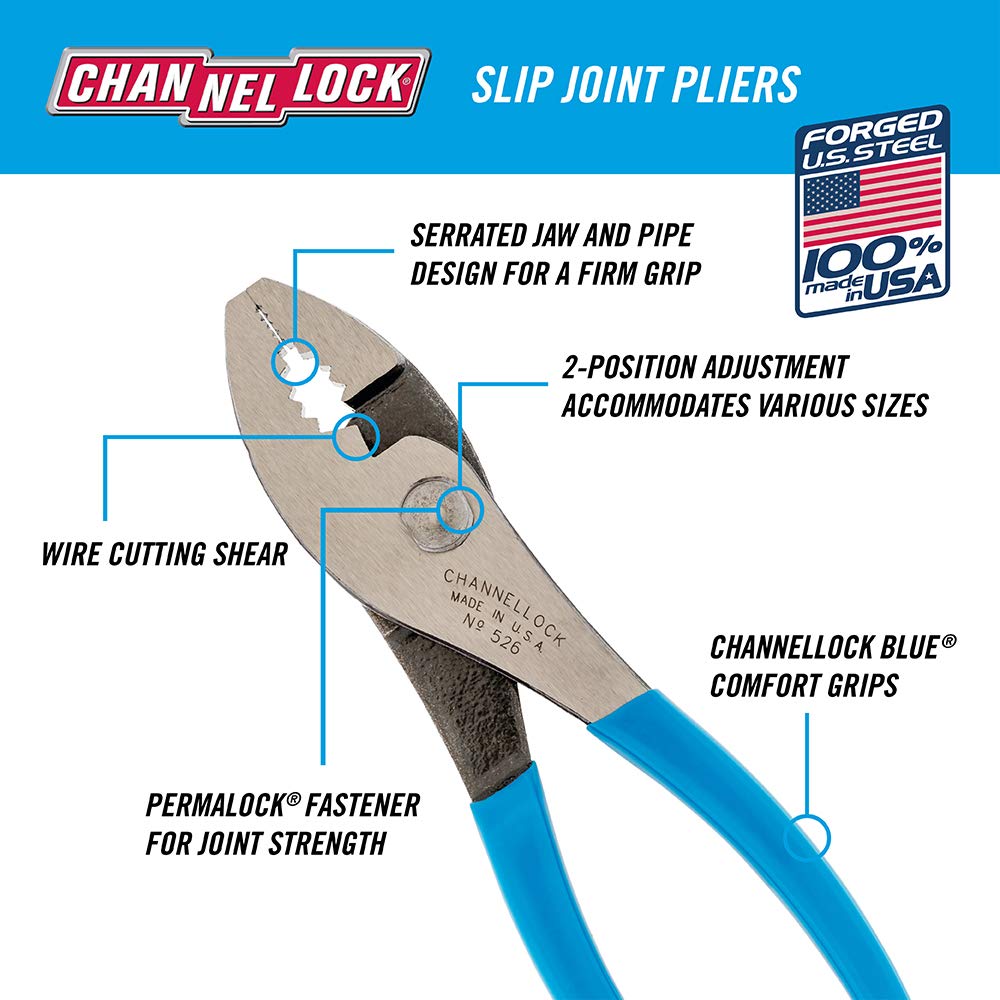 Channellock 526 6-Inch Slip Joint Pliers | Utility Plier with Wire Cutter | Serrated Jaw Forged from High Carbon Steel for Maximum Grip on Materials | Specially Coated for Rust Prevention| Made in USA