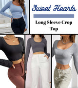 Sweet Hearts Long Sleeve Crop Tops for Women- Ribbed Cute Cropped Top Square Neck Casual Basic Shirt Made in USA