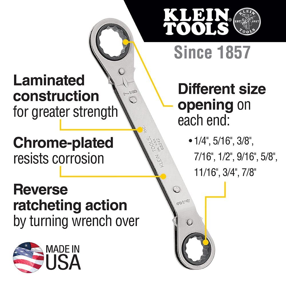 Klein Tools 68244 Fully Reversible Ratcheting Offset Box Wrench Set, 3-Piece, Made in USA