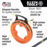 Klein Tools 56335 Flat Steel Electrical Fish Tape, 25-Foot 1/4-Inch Wide Spring Steel Tape, Slim Plastic Tip, Laser Etched 1-Foot Markings