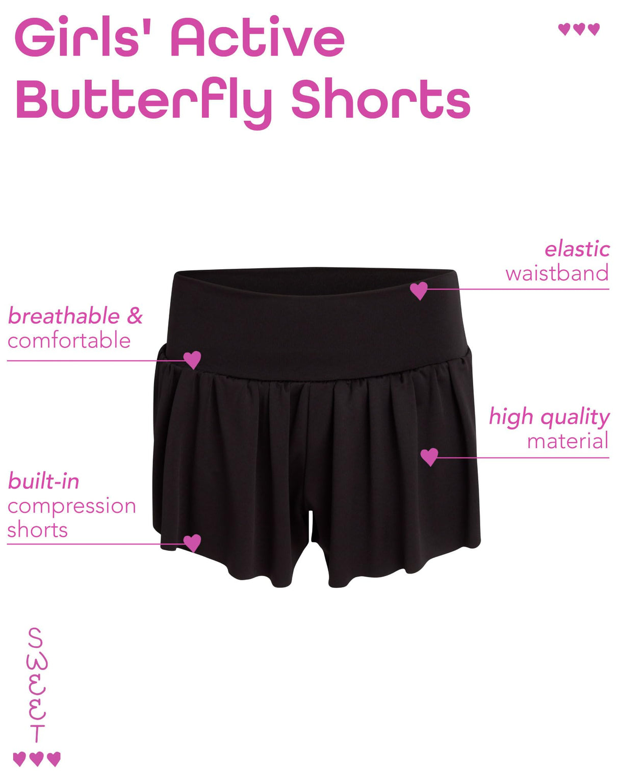 Sweet Hearts Girls' Active Skort - 2 Pack Flowy Butterfly Shorts with Spandex Lining - Athletic Skirt for Girls, Made in USA