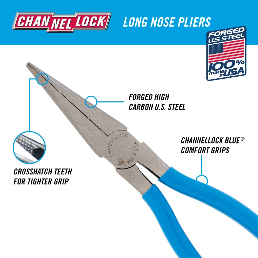 Channellock 326 6-Inch Long Nose Plier with Side Cutter, Blue