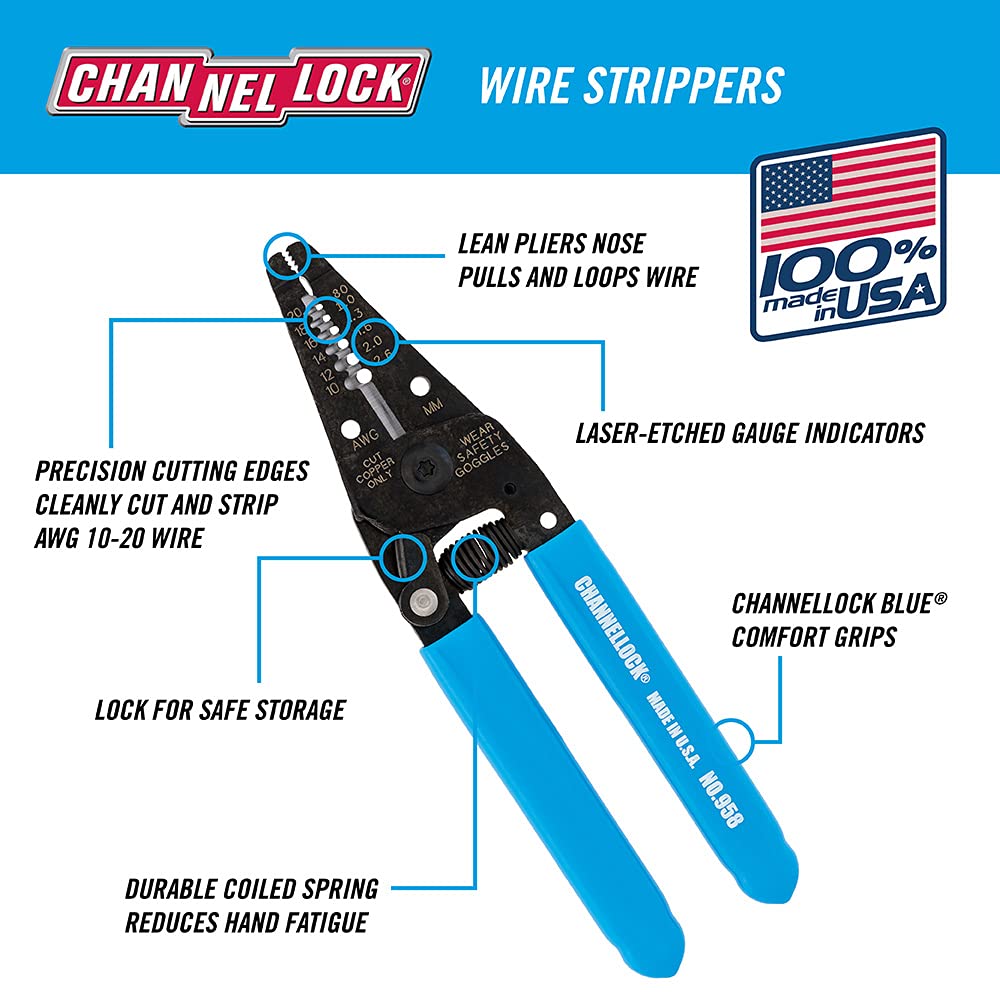 Channellock 958 6-1/4-Inch Wire Stripper and Cutter, Blue, 6-Inch