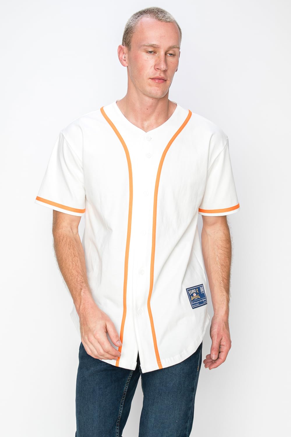 YURO-K Men's Cotton White Color Baseball Jersey with Piping/Made in Los Angeles