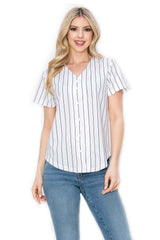 YURO-K Women's White Pinstripe Baseball Jersey/Made in Los Angeles