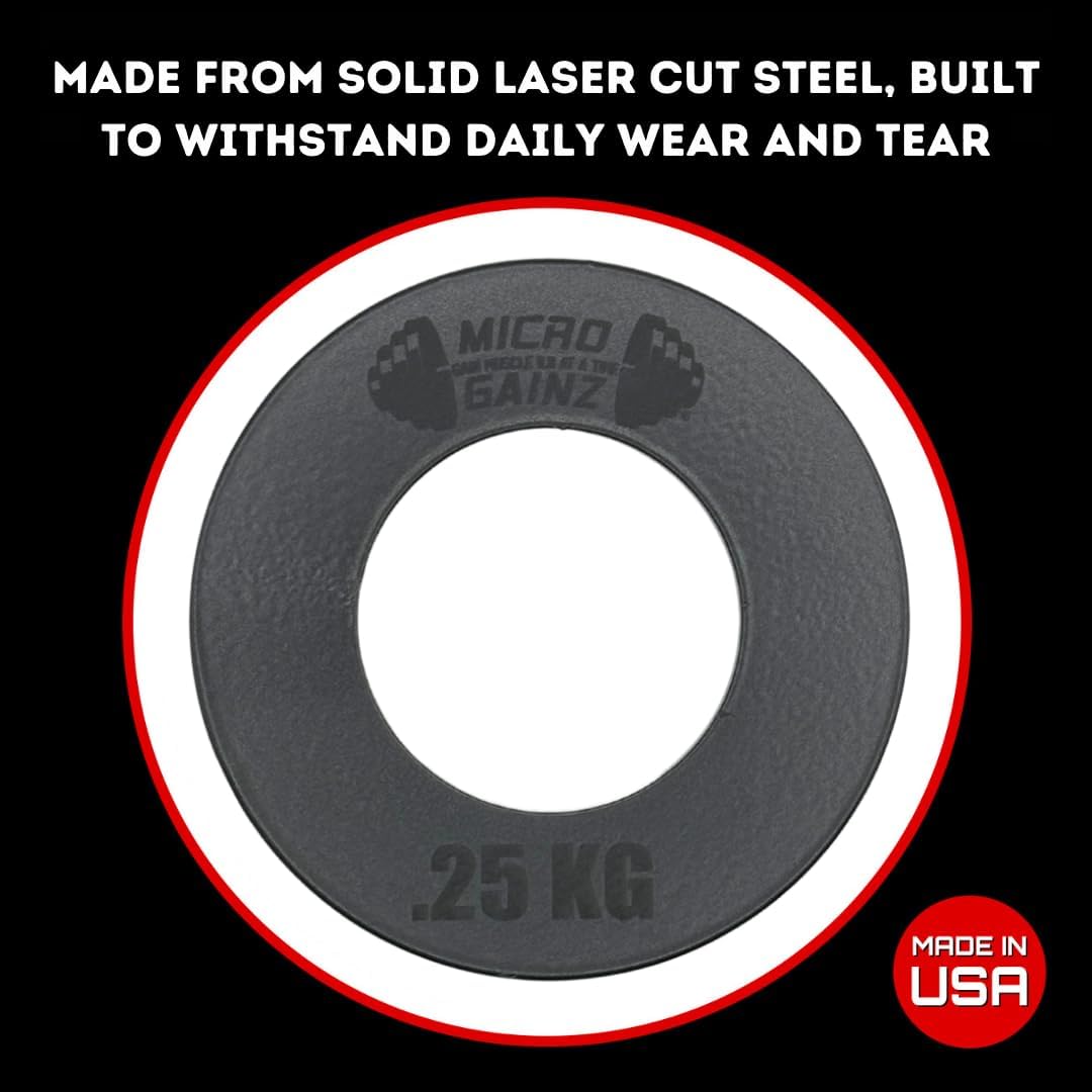 Micro Gainz Olympic Kilogram Fractional Weight Plate Set of 4 Steel Plates- (2-.25KG, 2-.50KG) Plates -Designed for Olympic Barbells, Used for Strength Training and Micro Loading, Made in USA