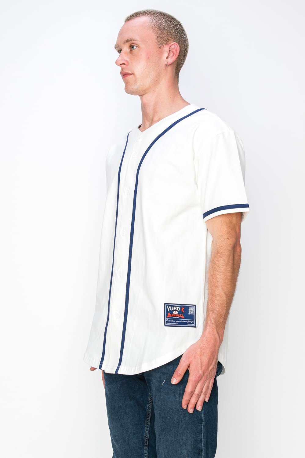 YURO-K Men's Cotton White Color Baseball Jersey with Piping/Made in Los Angeles