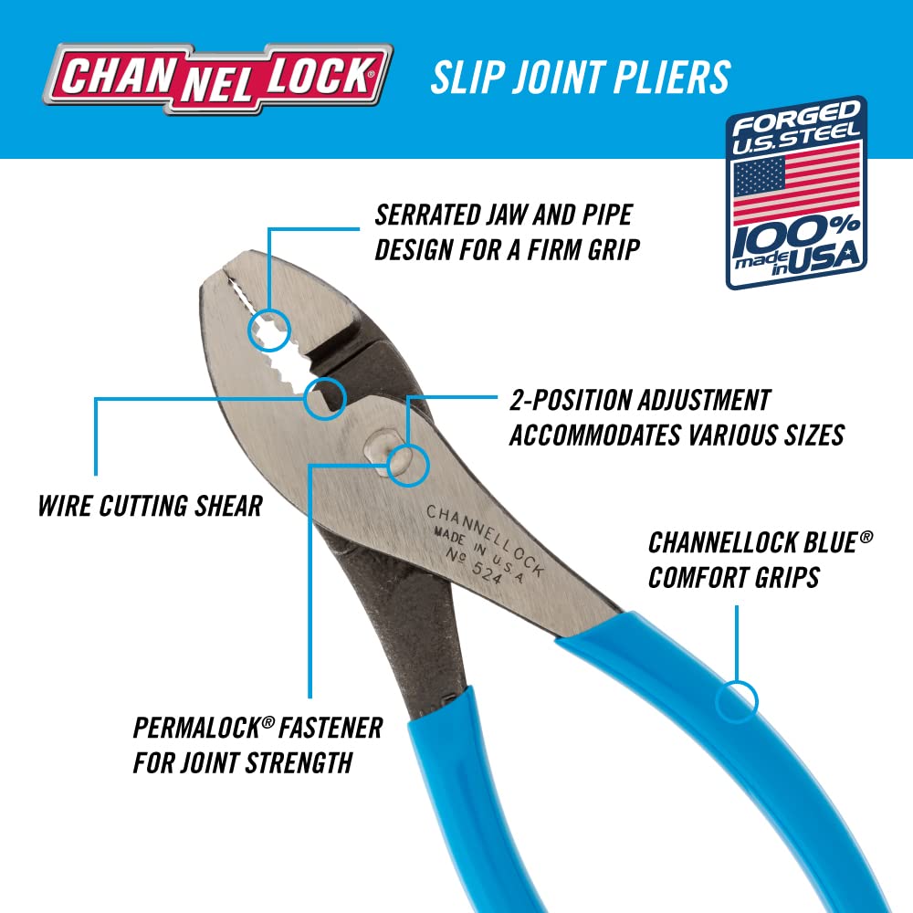 Channellock 526 6-Inch Slip Joint Pliers | Utility Plier with Wire Cutter | Serrated Jaw Forged from High Carbon Steel for Maximum Grip on Materials | Specially Coated for Rust Prevention| Made in USA