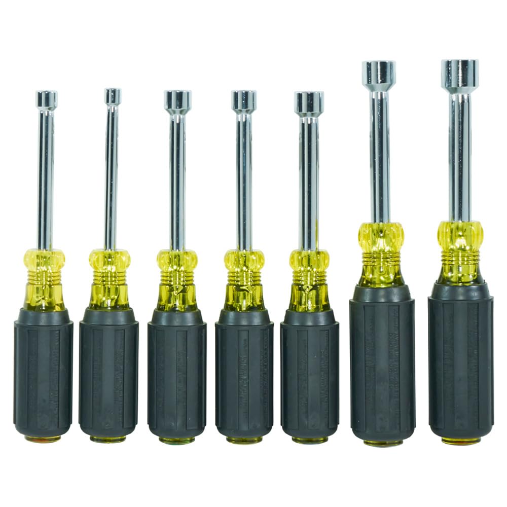 Klein Tools 631 Tool Set, Made in USA, Nut Driver Set w/Hex Nut Sizes 3/16, 1/4, 5/16, 11/32, 3/8, 7/16 and 1/2-Inch on 3-Inch Full Hollow Shaft, 7-Piece