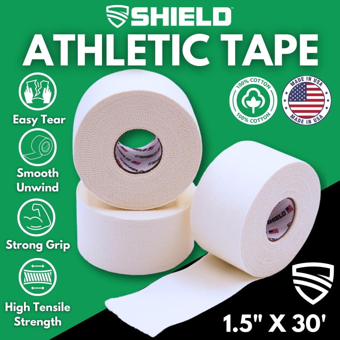 SHIELD | 3-Pack White Athletic Tape – 1.5 Inches x 15 Yards - Made in USA, Easy Tear, Rigid, Very Strong. First aid, Injury- Athletic, Medical,Therapy Trainers