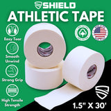 SHIELD | 3-Pack White Athletic Tape – 1.5 Inches x 15 Yards - Made in USA, Easy Tear, Rigid, Very Strong. First aid, Injury- Athletic, Medical,Therapy Trainers