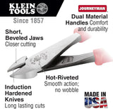 Klein Tools J228-8 Pliers, Made in USA, Diagonal Cutting Pliers with Dual-Material Journeyman Handles, Short Jaws and Beveled Cutting Edges, 8-Inch