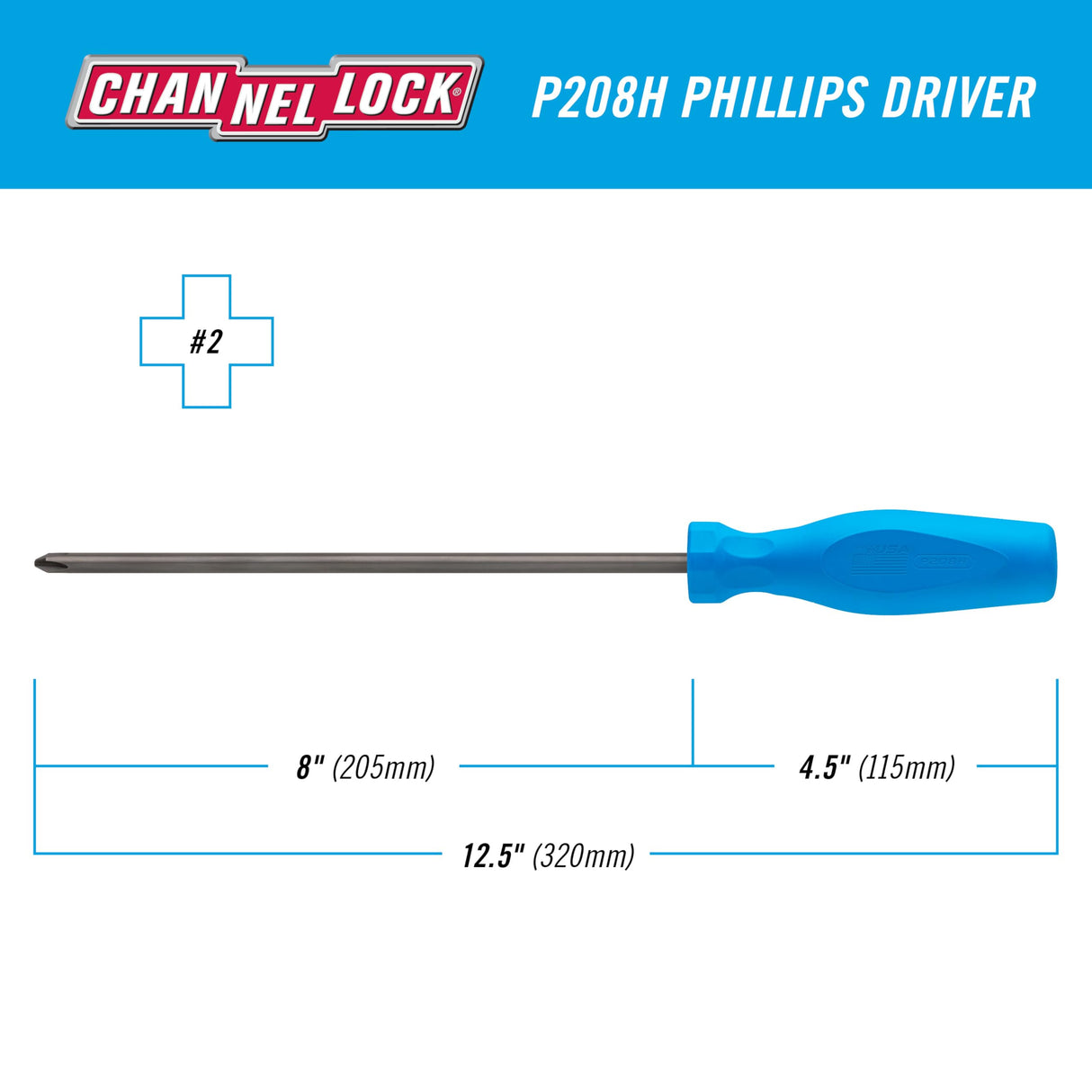 CHANNELLOCK P208H #2 x 8-inch Professional Phillips Screwdriver, Magnetic Tip, Made in USA, Molded Tri-Lobe Grip