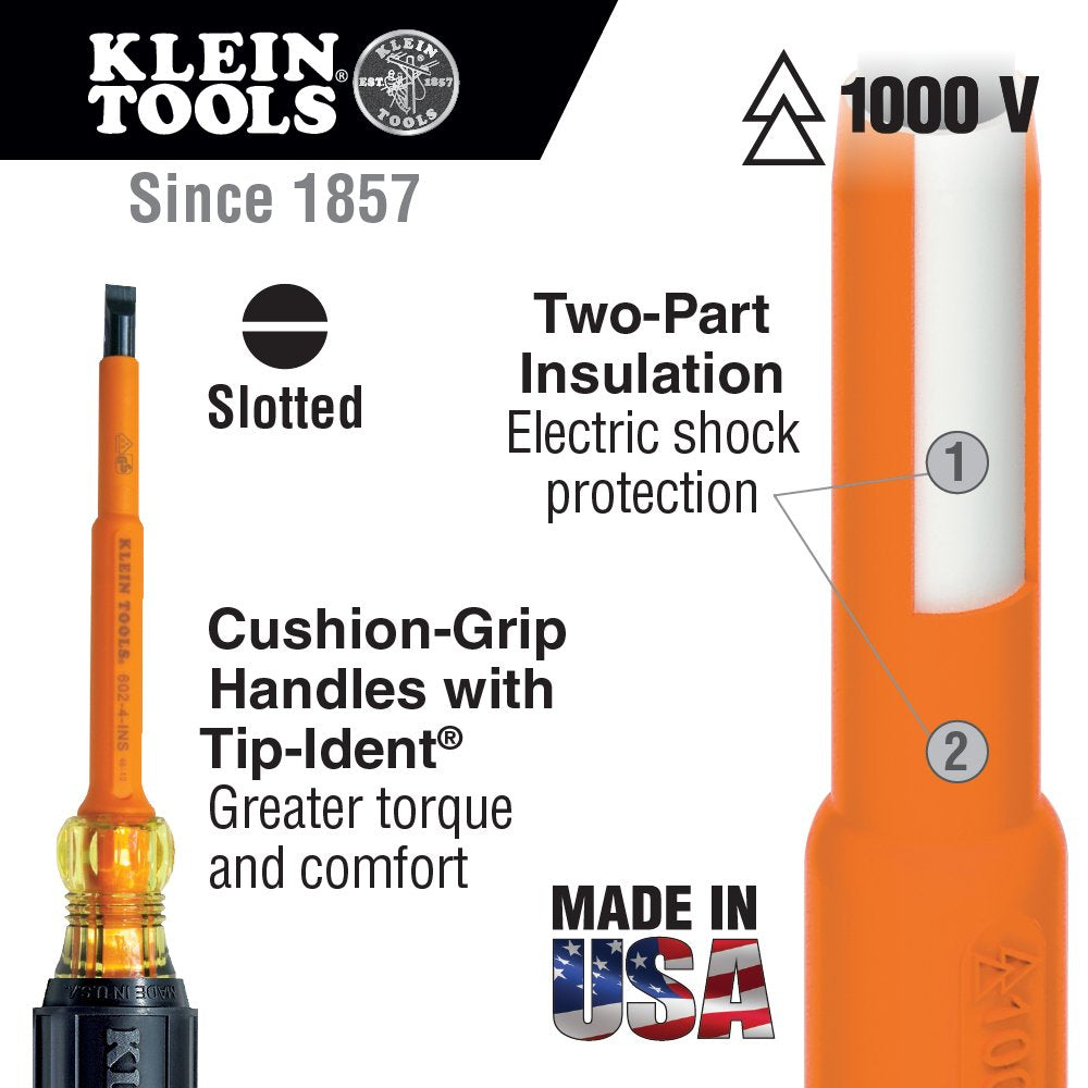 Klein Tools 612-4-INS Insulated 1/8-Inch Slotted Screwdriver, 4-Inch, Made in USA