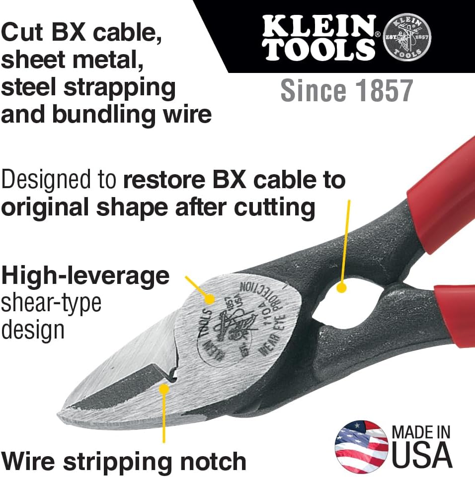 Klein Tools 1104 BX Cable Cutter and All-Purpose Shears, Made in USA, BX Cable, Sheet Metal, Steel Strapping, Bundling Wire, with Stripping Notch