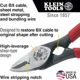 Klein Tools 1104 BX Cable Cutter and All-Purpose Shears, Made in USA, BX Cable, Sheet Metal, Steel Strapping, Bundling Wire, with Stripping Notch