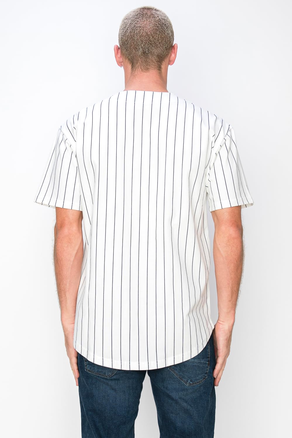 YURO-K Men's White Cotton Pinstripe Baseball Jersey/Made in Los Angeles