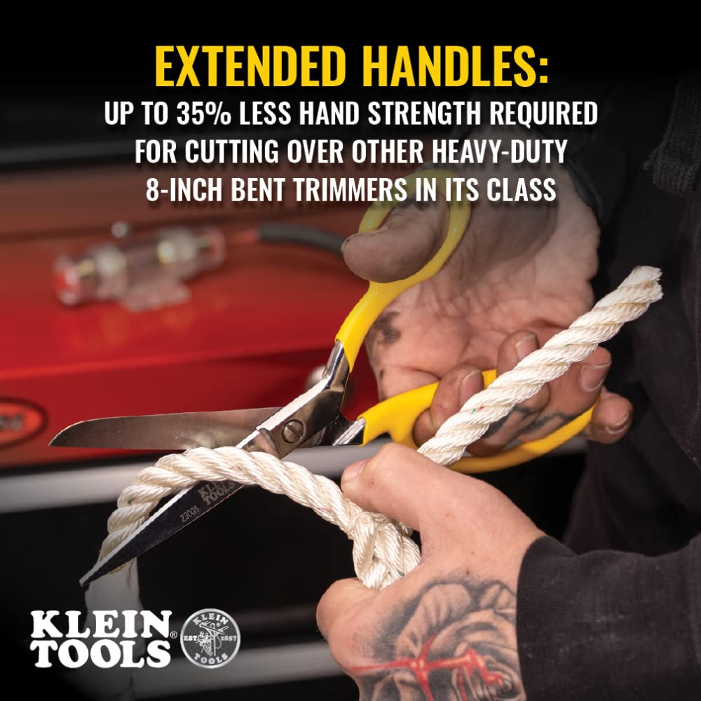 Klein Tools 23011 Scissors, Made in USA, Bent Trimmer for Felt Lining, Cord, Rubber, Fabric, and More, with Extended Handle for Leverage, 11-1/4-Inch