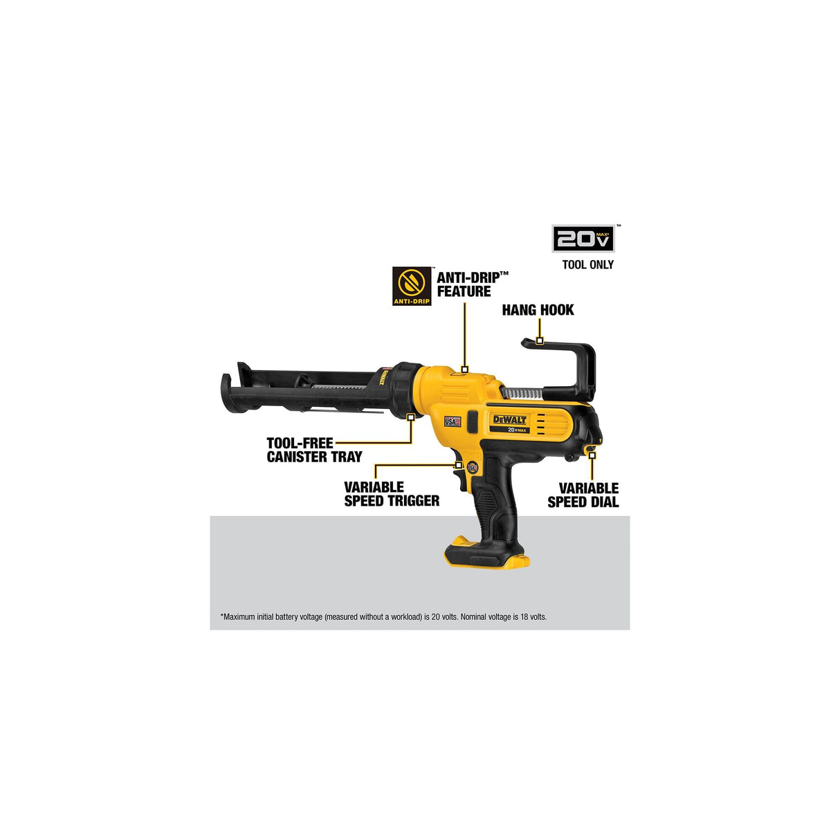 DEWALT 20V MAX Caulking Gun, Cordless, 10oz, Variable Speed Trigger, Interchangeable Canister Trays, Bare Tool Only (DCE560B)