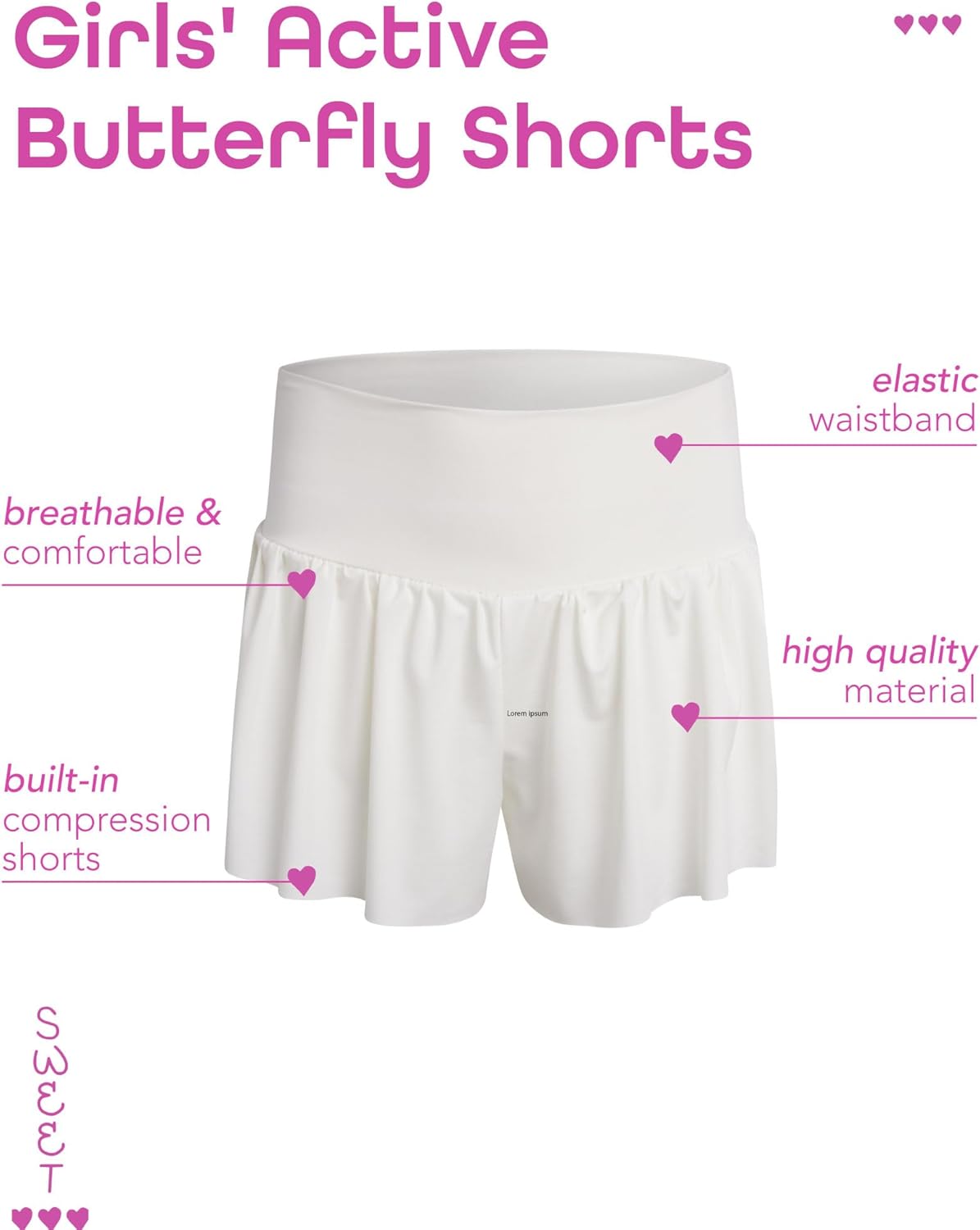 Sweet Hearts Girls' Active Skort - 2 Pack Flowy Butterfly Shorts with Spandex Lining - Athletic Skirt for Girls, Made in USA