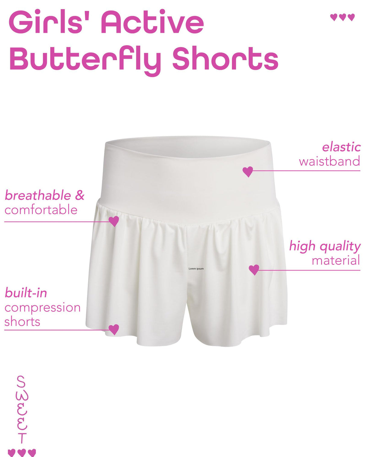 Sweet Hearts Girls' Active Skort - 2 Pack Flowy Butterfly Shorts with Spandex Lining - Athletic Skirt for Girls, Made in USA