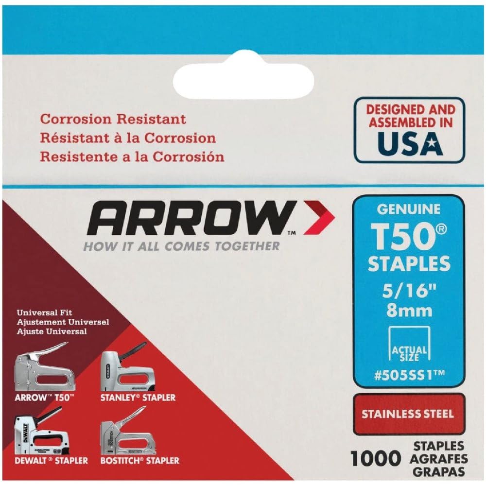 Arrow Fastener 505SS1 Heavy Duty T50 Stainless Steel Staples for Upholstery, Construction, Furniture, Crafts, 5/16-Inch Leg Length, 3/8-Inch Crown Size, 1000-Pack, Made in the USA